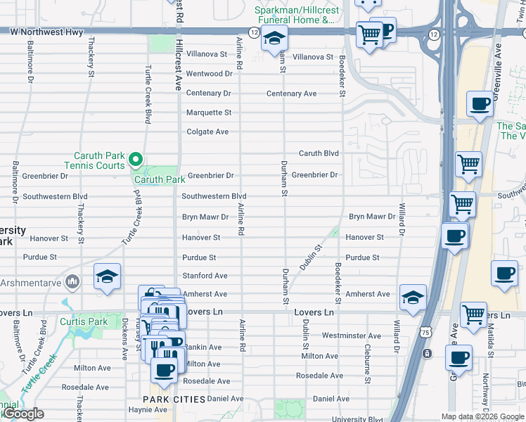 map of restaurants, bars, coffee shops, grocery stores, and more near 3120 Bryn Mawr Drive in Dallas