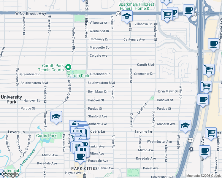 map of restaurants, bars, coffee shops, grocery stores, and more near 3201 Bryn Mawr Drive in Dallas