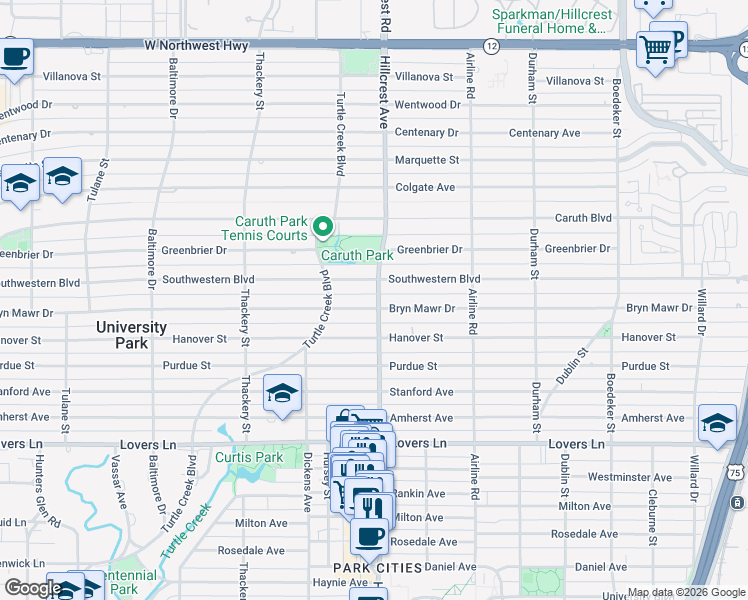 map of restaurants, bars, coffee shops, grocery stores, and more near 3404 Bryn Mawr Dr in Dallas