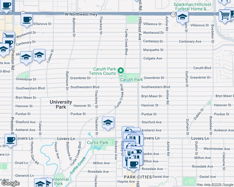 map of restaurants, bars, coffee shops, grocery stores, and more near 3512 Bryn Mawr Drive in Dallas