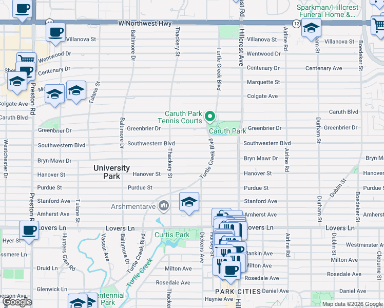 map of restaurants, bars, coffee shops, grocery stores, and more near 3512 Bryn Mawr Drive in Dallas
