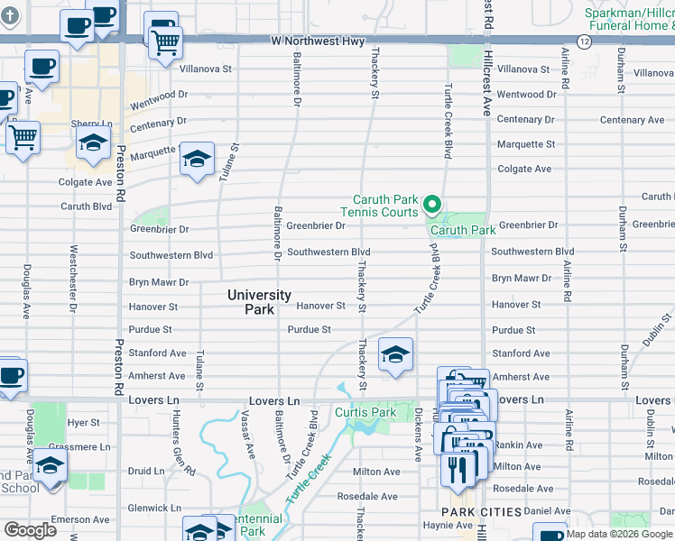 map of restaurants, bars, coffee shops, grocery stores, and more near 3608 Bryn Mawr Drive in Dallas
