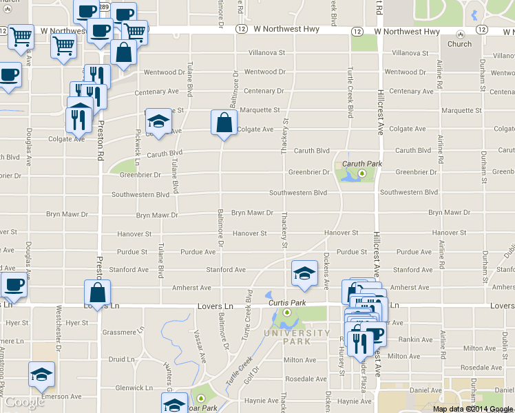 map of restaurants, bars, coffee shops, grocery stores, and more near 3636 Bryn Mawr Drive in Dallas