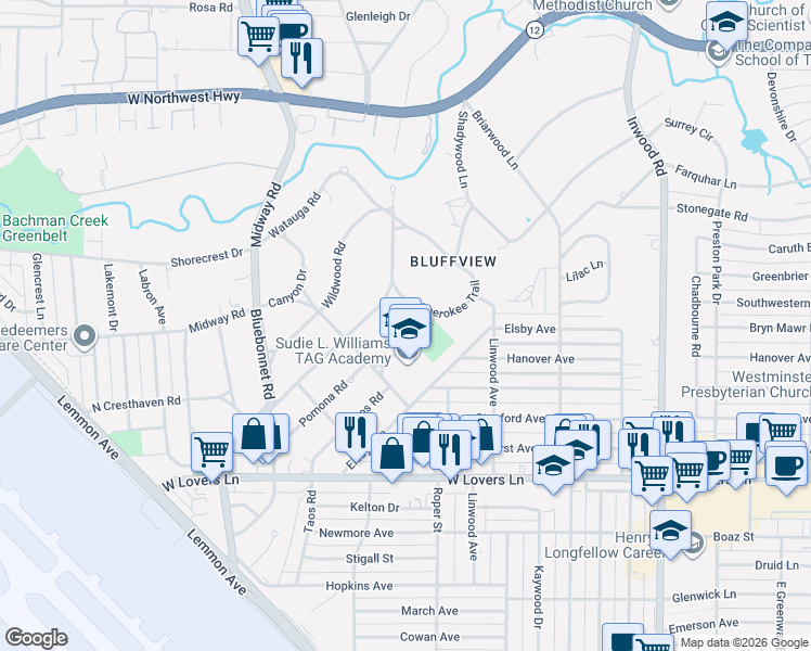 map of restaurants, bars, coffee shops, grocery stores, and more near 4521 Pomona Road in Dallas