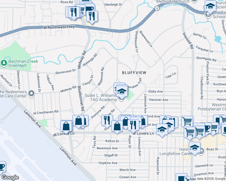 map of restaurants, bars, coffee shops, grocery stores, and more near in Dallas