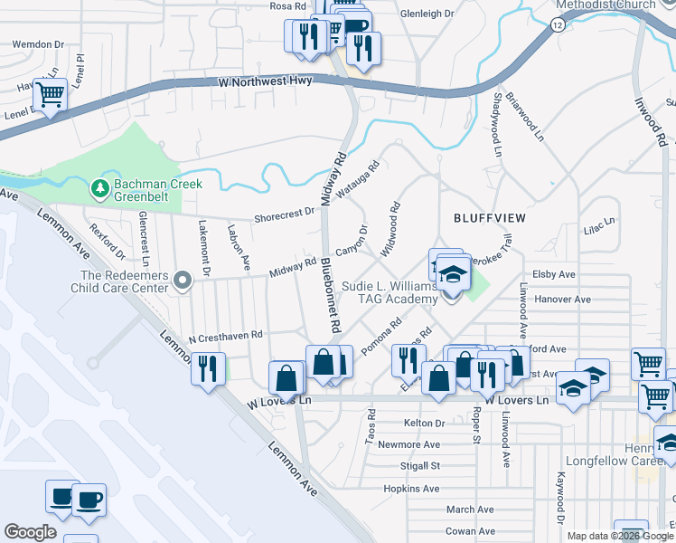 map of restaurants, bars, coffee shops, grocery stores, and more near 8510 Blue Bonnet Road in Dallas