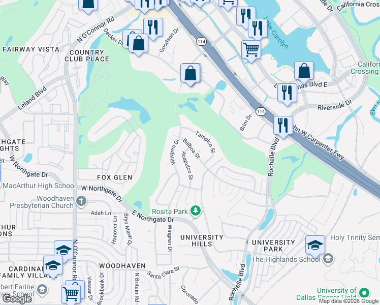 map of restaurants, bars, coffee shops, grocery stores, and more near 304 Balboa Street in Irving