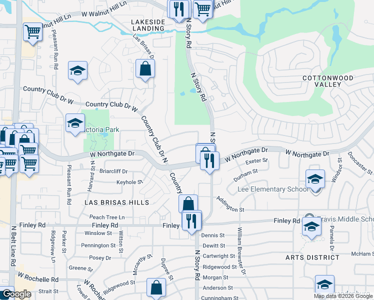 map of restaurants, bars, coffee shops, grocery stores, and more near 2342 Hill N Dale Drive in Irving
