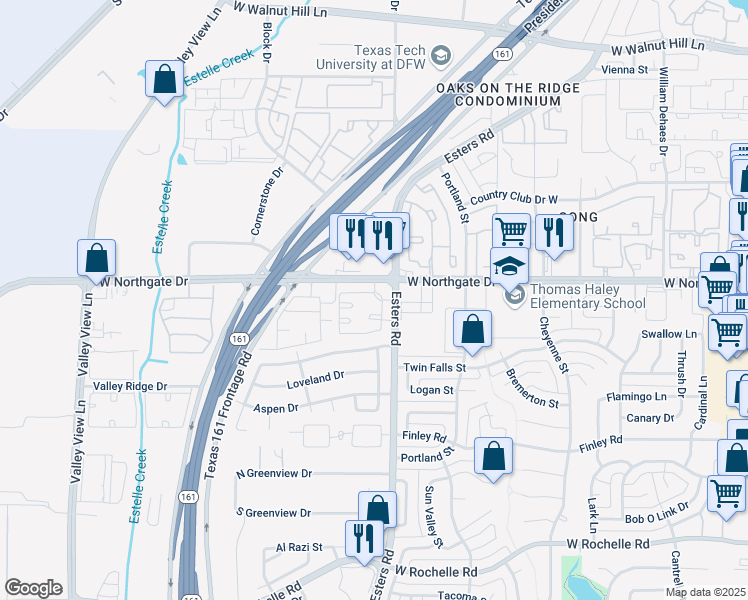 map of restaurants, bars, coffee shops, grocery stores, and more near 4228 West Northgate Drive in Irving