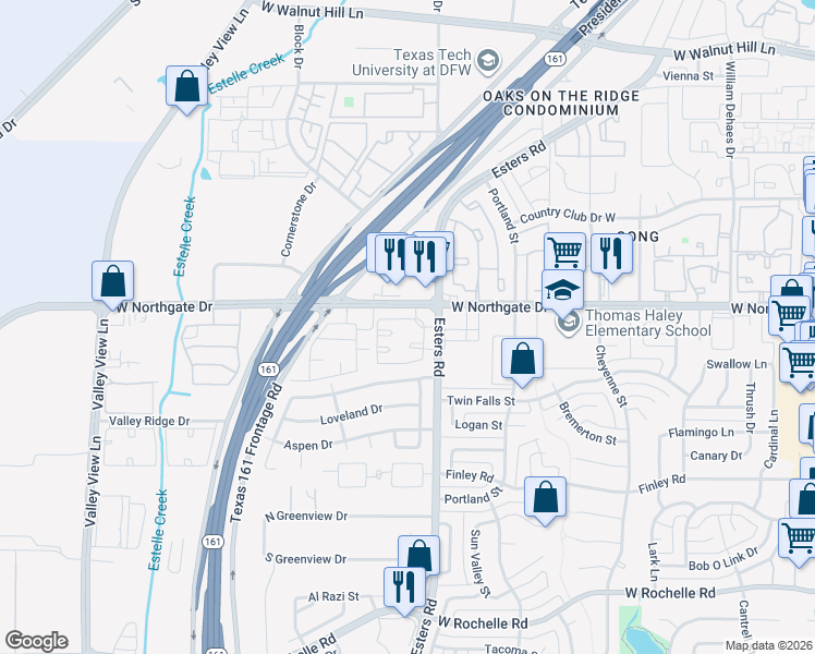 map of restaurants, bars, coffee shops, grocery stores, and more near 4228 West Northgate Drive in Irving