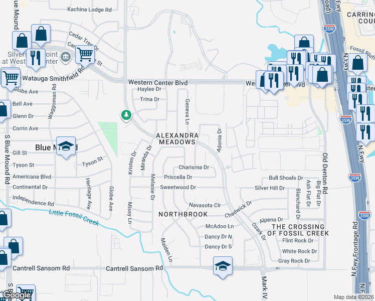 map of restaurants, bars, coffee shops, grocery stores, and more near 6221 Claire Drive in Fort Worth