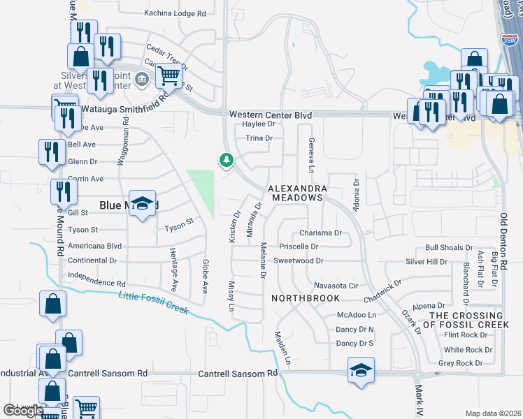 map of restaurants, bars, coffee shops, grocery stores, and more near 6201 Melanie Drive in Fort Worth