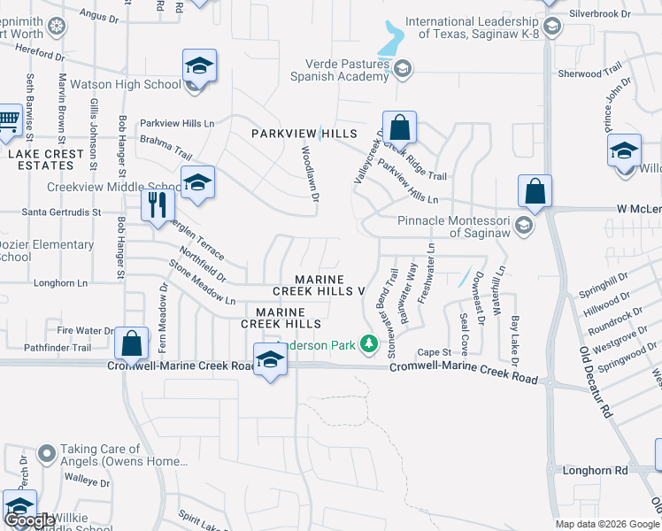 map of restaurants, bars, coffee shops, grocery stores, and more near 5300 Stone Meadow Lane in Fort Worth