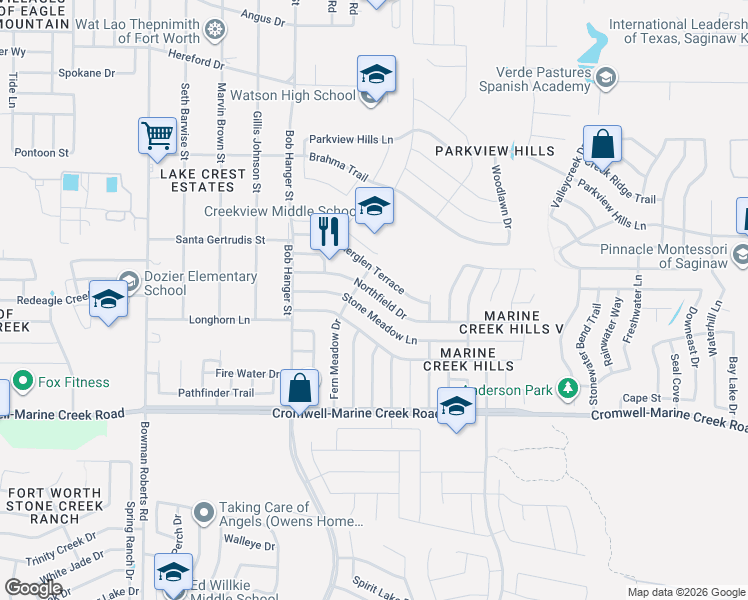 map of restaurants, bars, coffee shops, grocery stores, and more near 5733 Stone Meadow Lane in Fort Worth