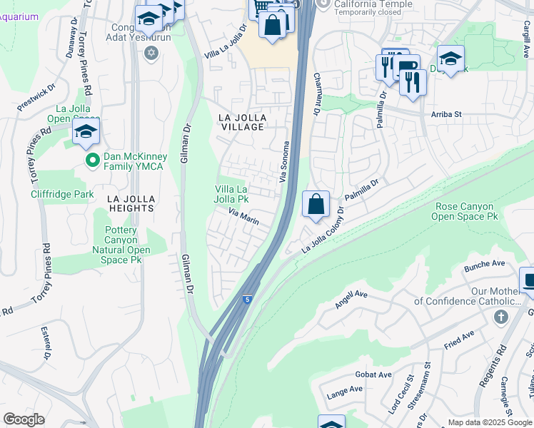 map of restaurants, bars, coffee shops, grocery stores, and more near 8320 Via Sonoma in San Diego