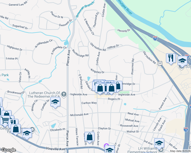 map of restaurants, bars, coffee shops, grocery stores, and more near 2417 Lenora Place in Macon
