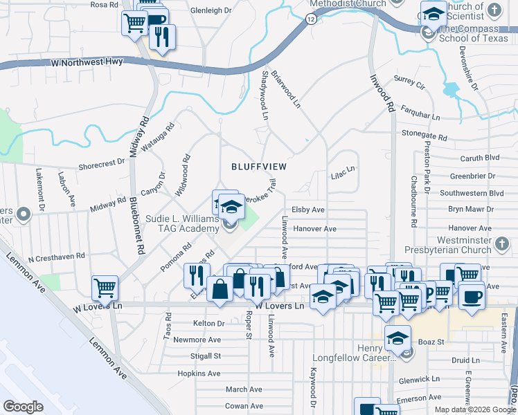 map of restaurants, bars, coffee shops, grocery stores, and more near 4606 Cherokee Trail in Dallas