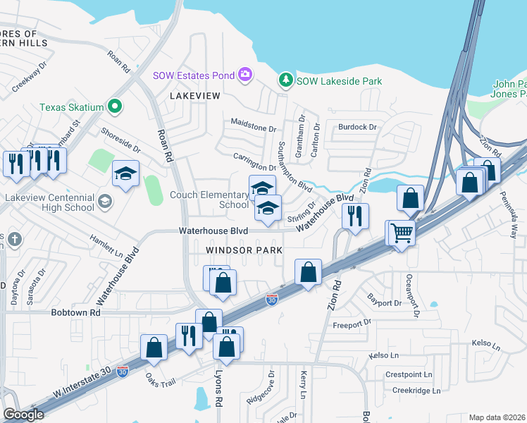map of restaurants, bars, coffee shops, grocery stores, and more near 4349 Waterhouse Boulevard in Garland