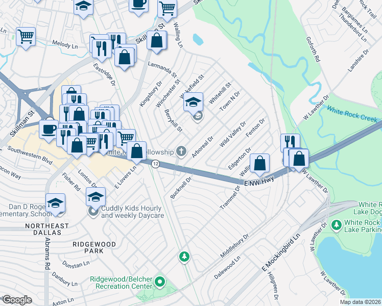 map of restaurants, bars, coffee shops, grocery stores, and more near 6841 Arboreal Drive in Dallas