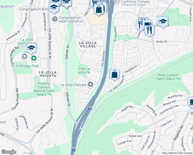 map of restaurants, bars, coffee shops, grocery stores, and more near 8322 Via Sonoma in La Jolla