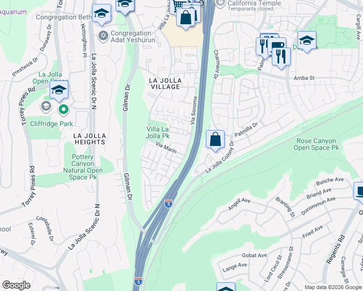 map of restaurants, bars, coffee shops, grocery stores, and more near 8324 Via Sonoma in San Diego