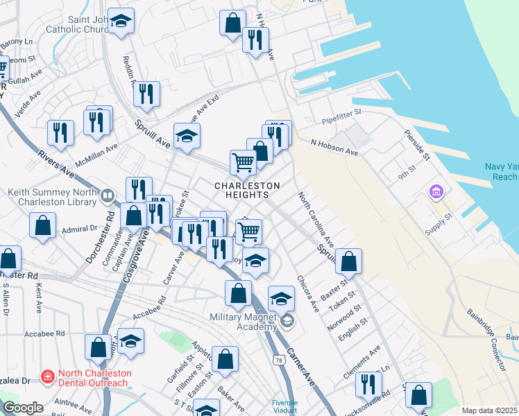 map of restaurants, bars, coffee shops, grocery stores, and more near 3204 Florida Avenue in North Charleston