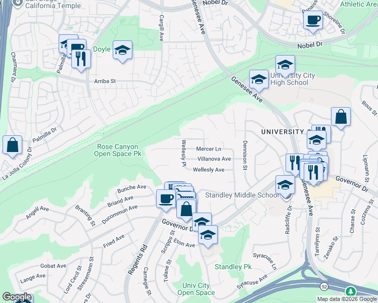 map of restaurants, bars, coffee shops, grocery stores, and more near 3210 Villanova Avenue in San Diego