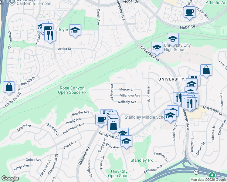 map of restaurants, bars, coffee shops, grocery stores, and more near 3211 Mercer Lane in San Diego