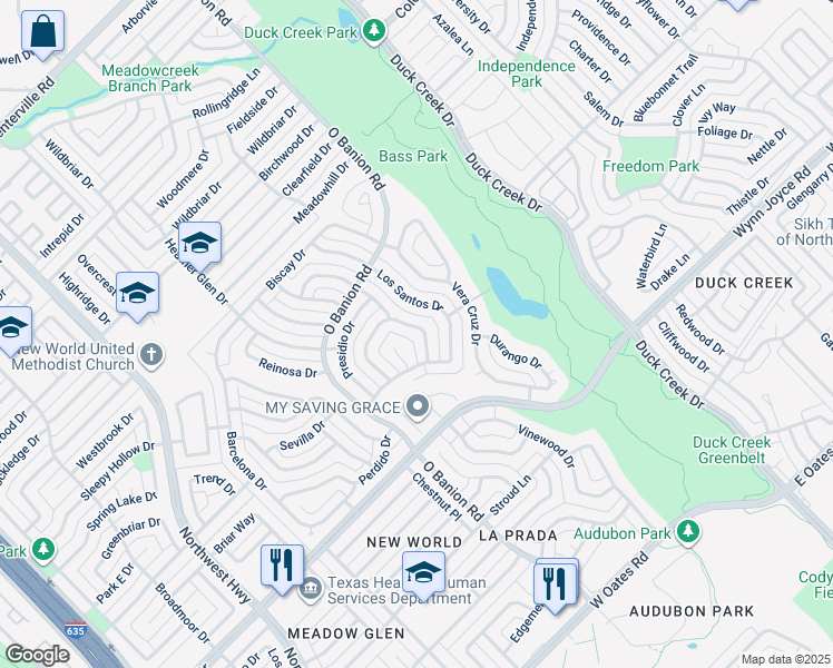 map of restaurants, bars, coffee shops, grocery stores, and more near 4910 Willowhaven Circle in Garland