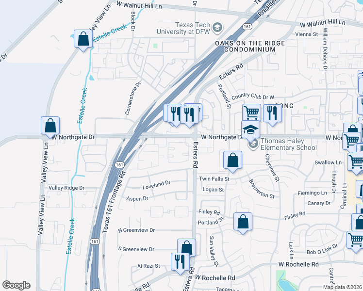 map of restaurants, bars, coffee shops, grocery stores, and more near 4228 West Northgate Drive in Irving
