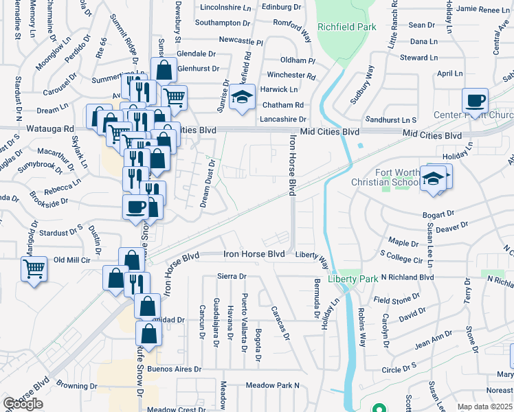 map of restaurants, bars, coffee shops, grocery stores, and more near 6455 Browning Drive in North Richland Hills