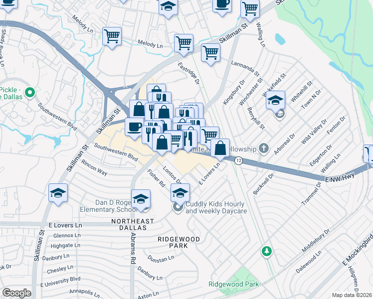 map of restaurants, bars, coffee shops, grocery stores, and more near 6520 East Northwest Highway in Dallas