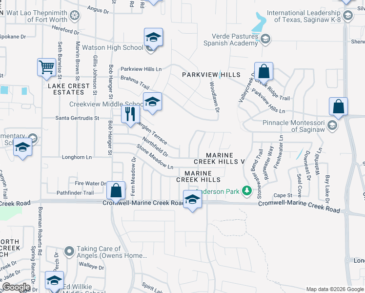 map of restaurants, bars, coffee shops, grocery stores, and more near 6604 North Chesterfield Drive in Fort Worth