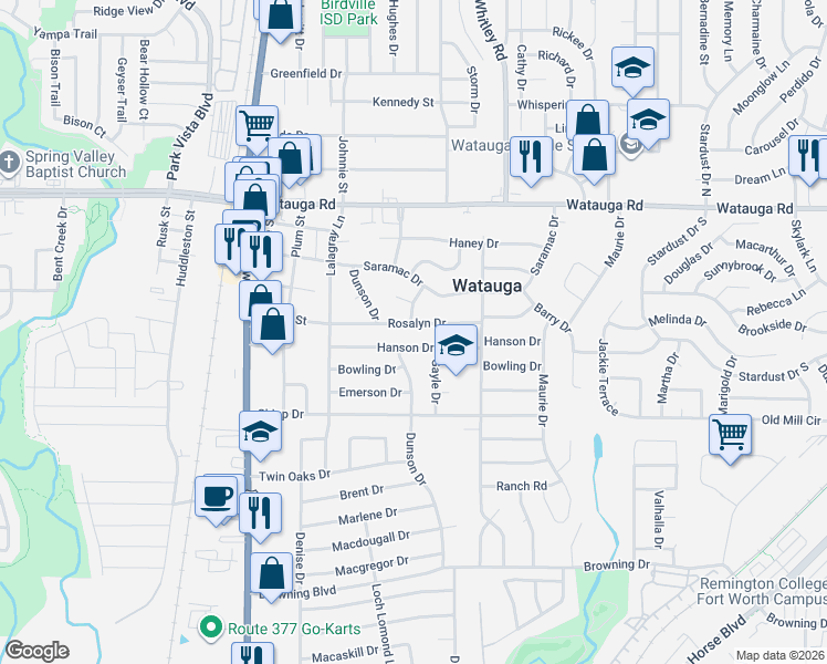 map of restaurants, bars, coffee shops, grocery stores, and more near 5817 Hanson Drive in Watauga