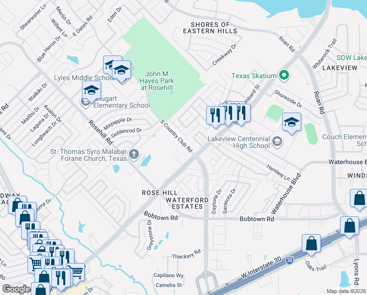 map of restaurants, bars, coffee shops, grocery stores, and more near 5013 South Country Club Road in Garland