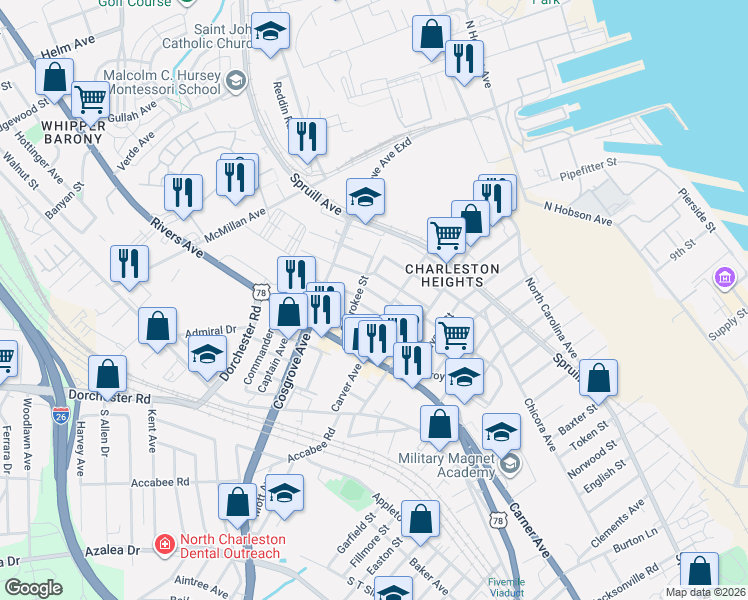 map of restaurants, bars, coffee shops, grocery stores, and more near 3314 Goldenrod Street in North Charleston