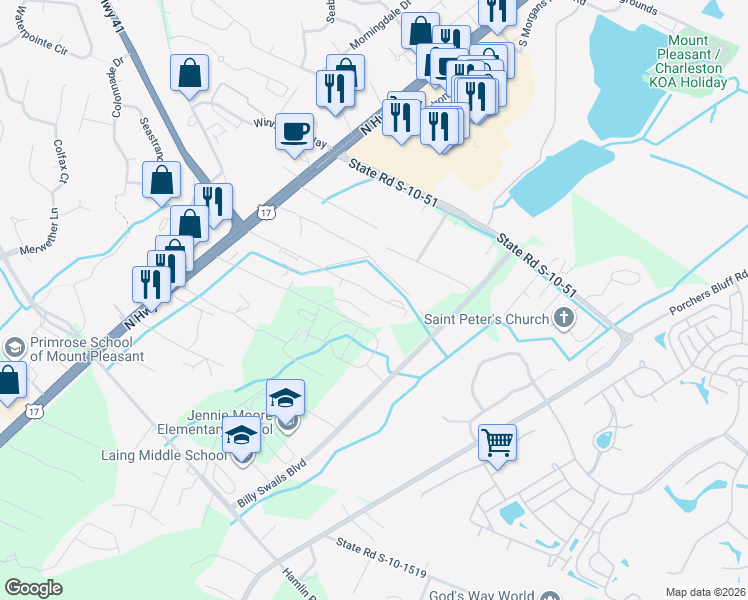 map of restaurants, bars, coffee shops, grocery stores, and more near 1227 Dingle Road in Mount Pleasant