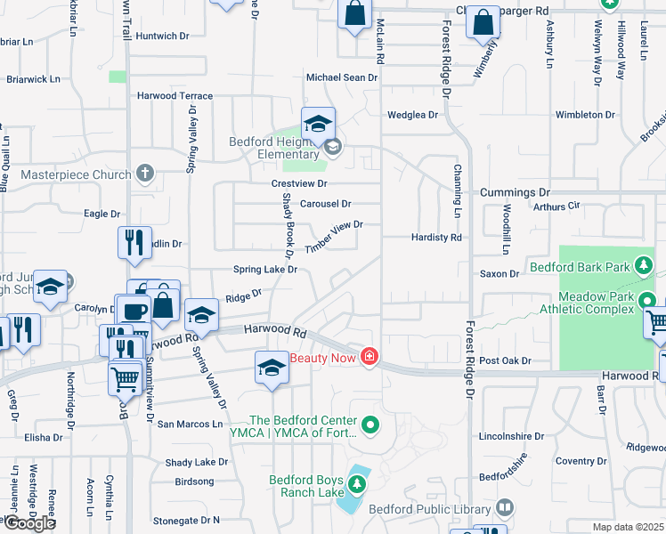 map of restaurants, bars, coffee shops, grocery stores, and more near 1109 Wildwood Circle in Bedford