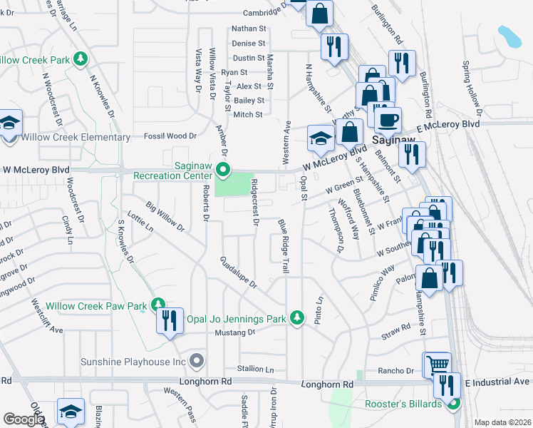 map of restaurants, bars, coffee shops, grocery stores, and more near 300 Blue Ridge Trail in Saginaw