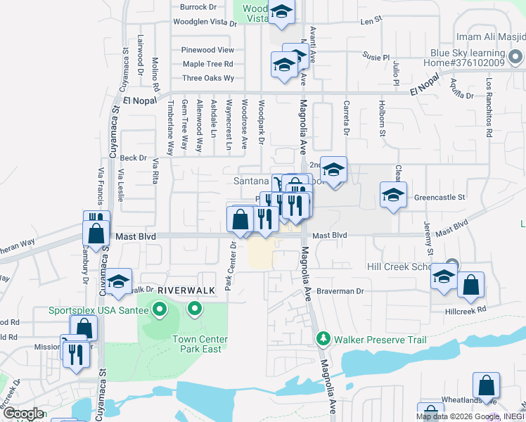 map of restaurants, bars, coffee shops, grocery stores, and more near 9838 North Magnolia Avenue in Santee