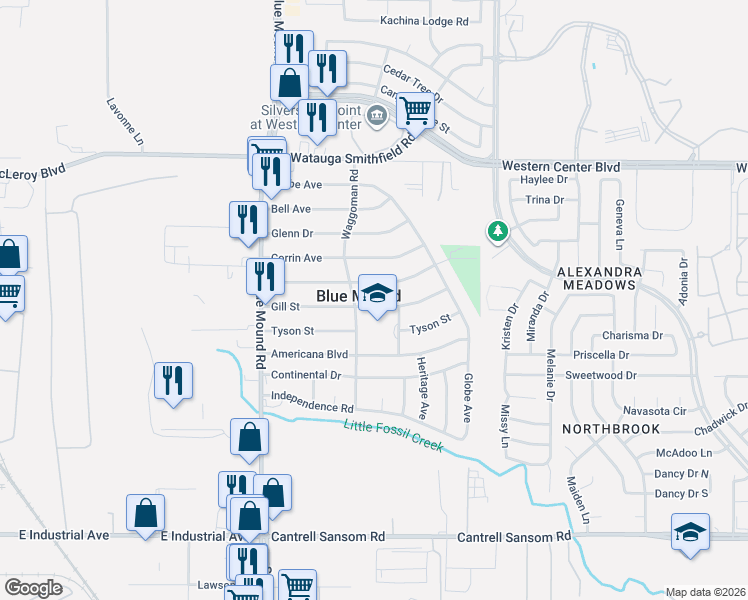 map of restaurants, bars, coffee shops, grocery stores, and more near 1717 Gill Street in Blue Mound