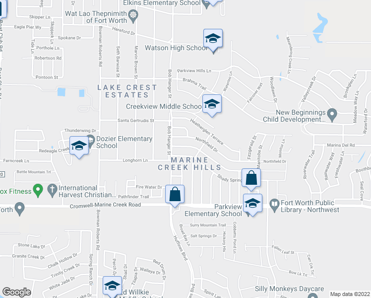 map of restaurants, bars, coffee shops, grocery stores, and more near 5821 Stone Meadow Lane in Fort Worth
