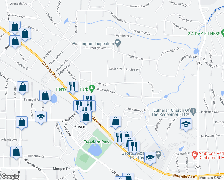 map of restaurants, bars, coffee shops, grocery stores, and more near 3205 Ingleside Avenue in Macon