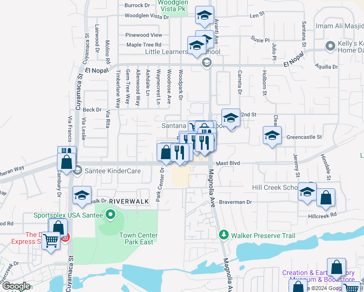 map of restaurants, bars, coffee shops, grocery stores, and more near 9838 North Magnolia Avenue in Santee