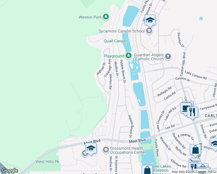 map of restaurants, bars, coffee shops, grocery stores, and more near 8830 Hightail Drive in Santee