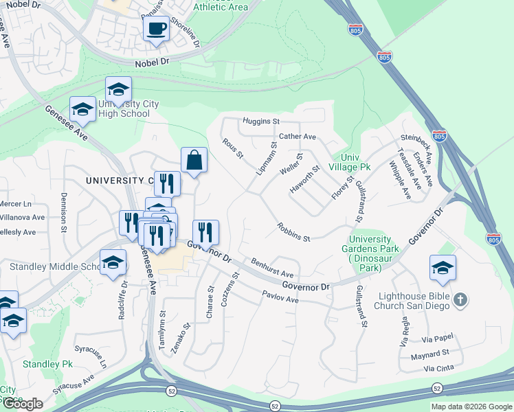 map of restaurants, bars, coffee shops, grocery stores, and more near 6492 Farley Drive in San Diego
