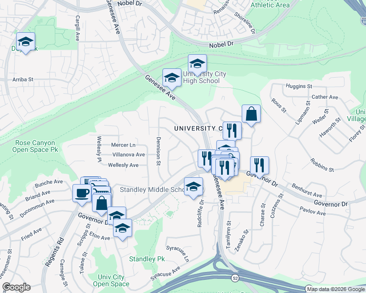 map of restaurants, bars, coffee shops, grocery stores, and more near 6622 Radcliffe Drive in San Diego
