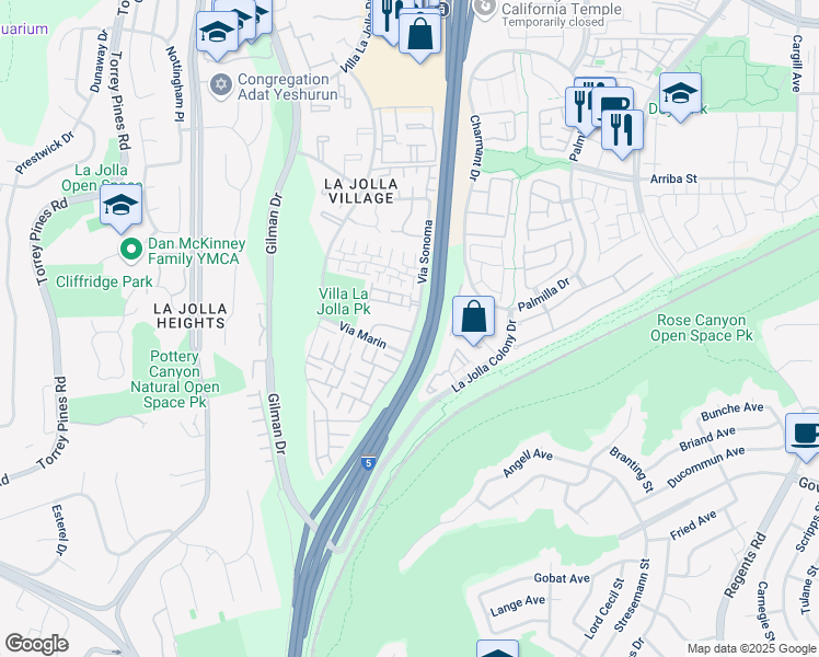 map of restaurants, bars, coffee shops, grocery stores, and more near 8320 Via Sonoma in San Diego