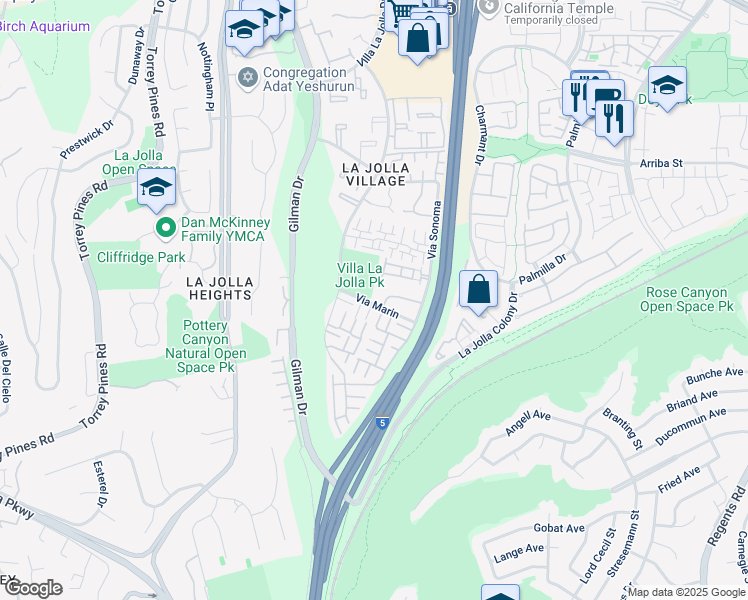 map of restaurants, bars, coffee shops, grocery stores, and more near 3229 Via Marin in San Diego