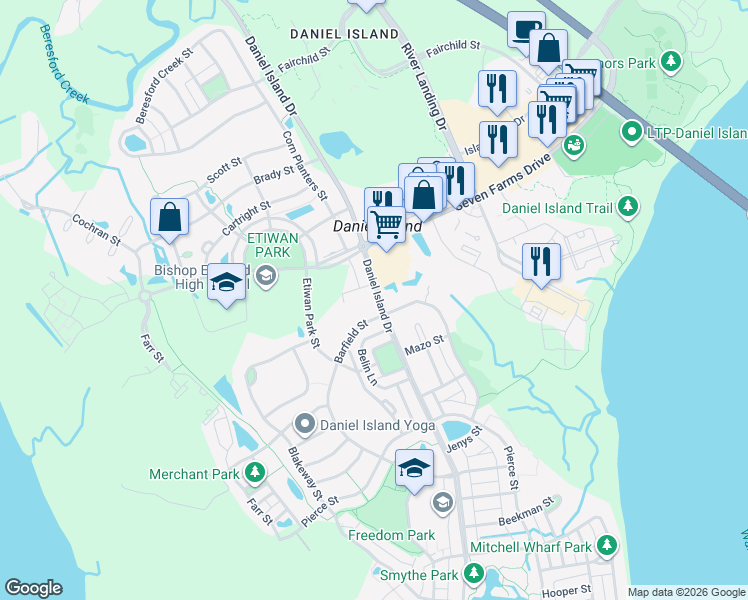 map of restaurants, bars, coffee shops, grocery stores, and more near 1079 Barfield Street in Charleston